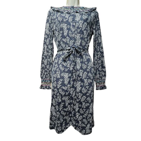 Boden Dress Womens Size 6 6L (US) Smocked Jersey Navy Blue Leafy Sprig Belt - Picture 2 of 10